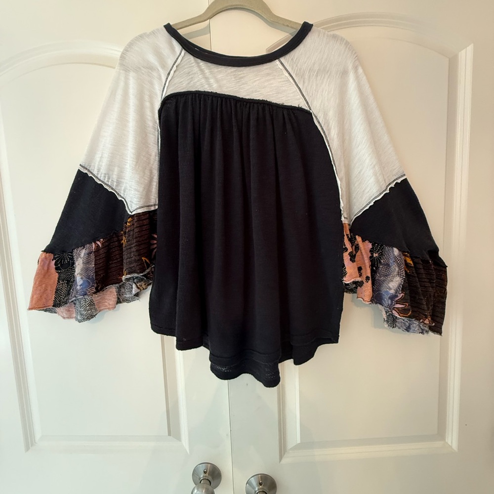 Free People Cream and Black Ruffled Blouse